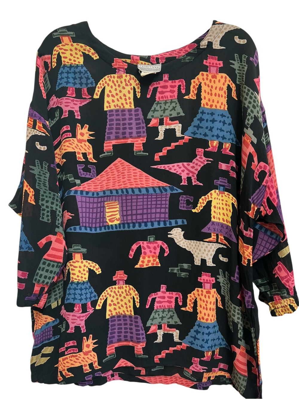 Vintage Primitives Abstract Folk Art Rayon Oversized Tunic Top OS Boho Whimsical